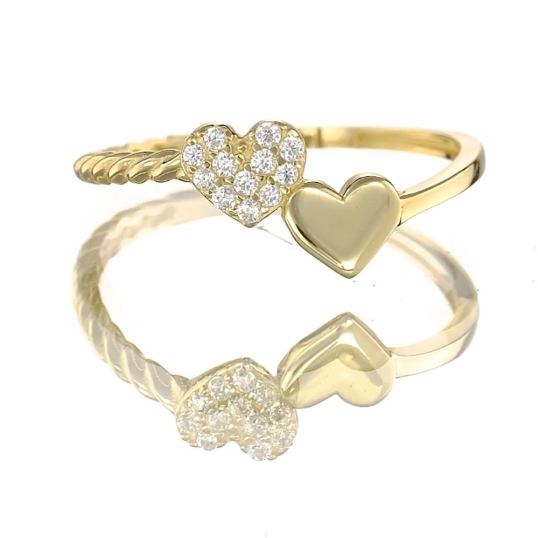 14K Solid Gold Double Heart Open Ring for Women Girl – Dainty CZ Band – Perfect Gift Romantic Jewelry